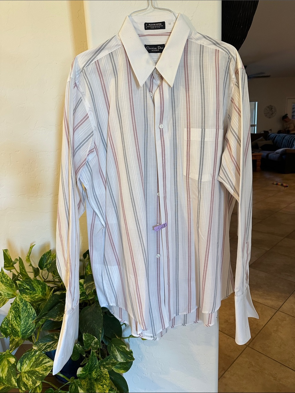 Christian Dior Men's White Shirt with Red and Gray Stripes size 16 35